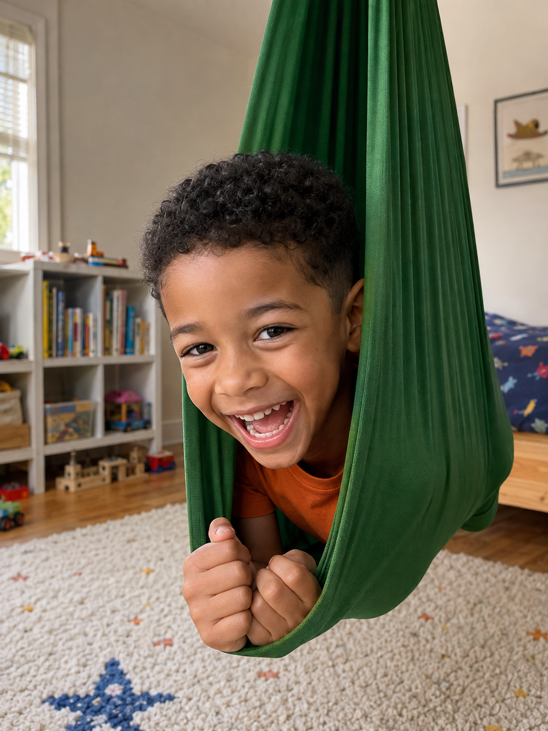 Junge schaut lachend aus dem dunkelgrünen Tuch, Kinderzimmer mit Sternenteppich