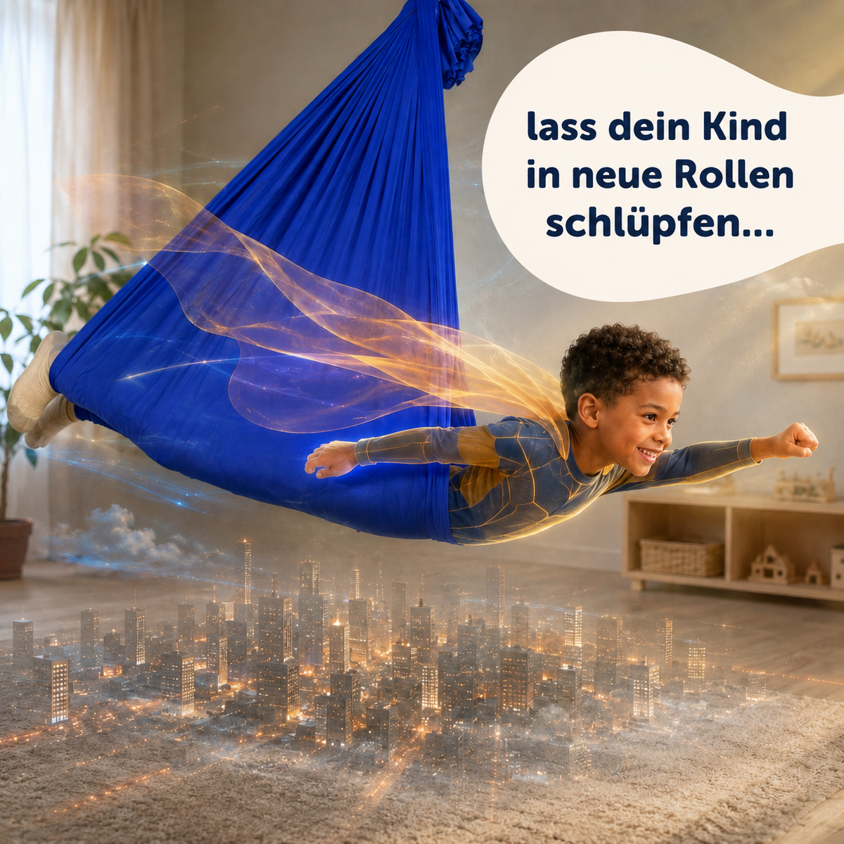 Junge liegt bäuchlings im royalblauen Tuch und fliegt wie ein Superheld über eine Stadt