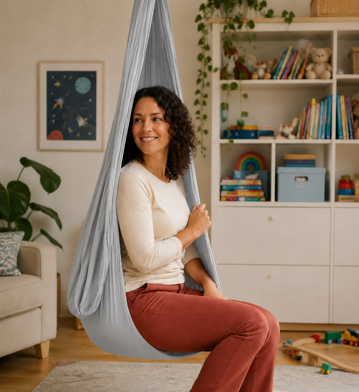 Erwachsene sitzt im hellgrauen Tuch, Kinderzimmer mit Regal