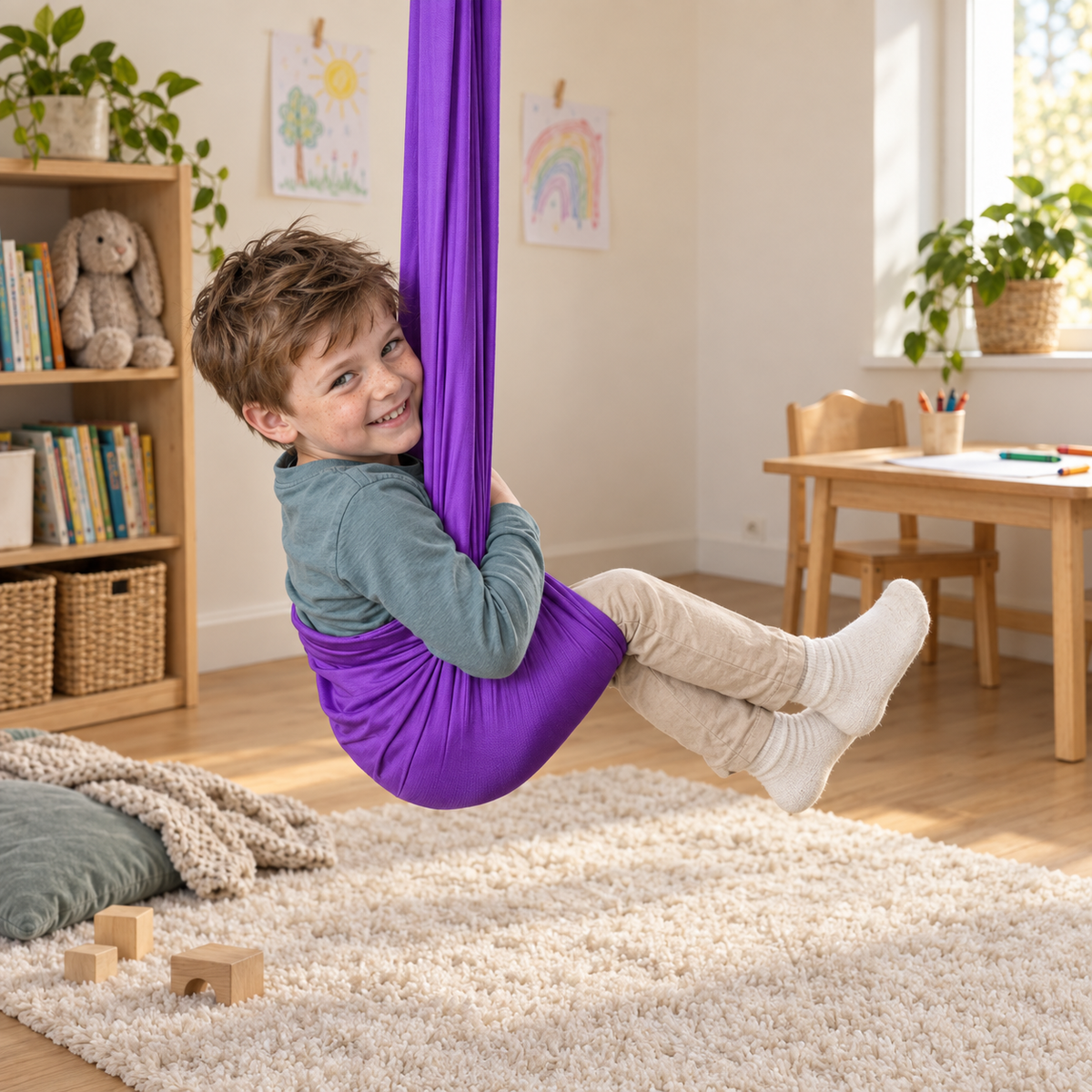 Junge schwingt lachend im violetten Tuch, Kinderzimmer mit Kinderzeichnungen an der Wand