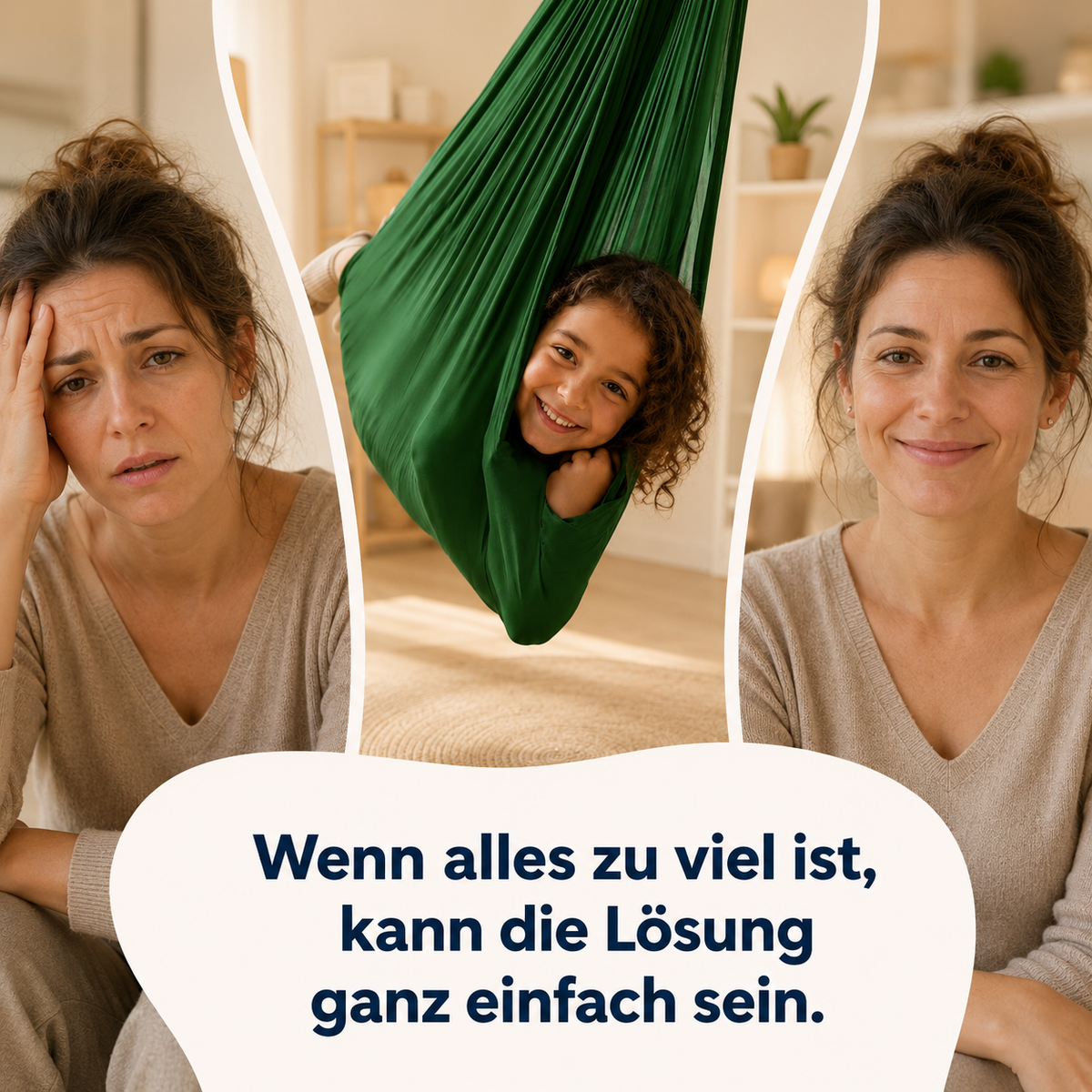 Dreiteiliges Bild: erschöpfte Mutter, Kind im dunkelgrünen Tuch, entspannte Mutter