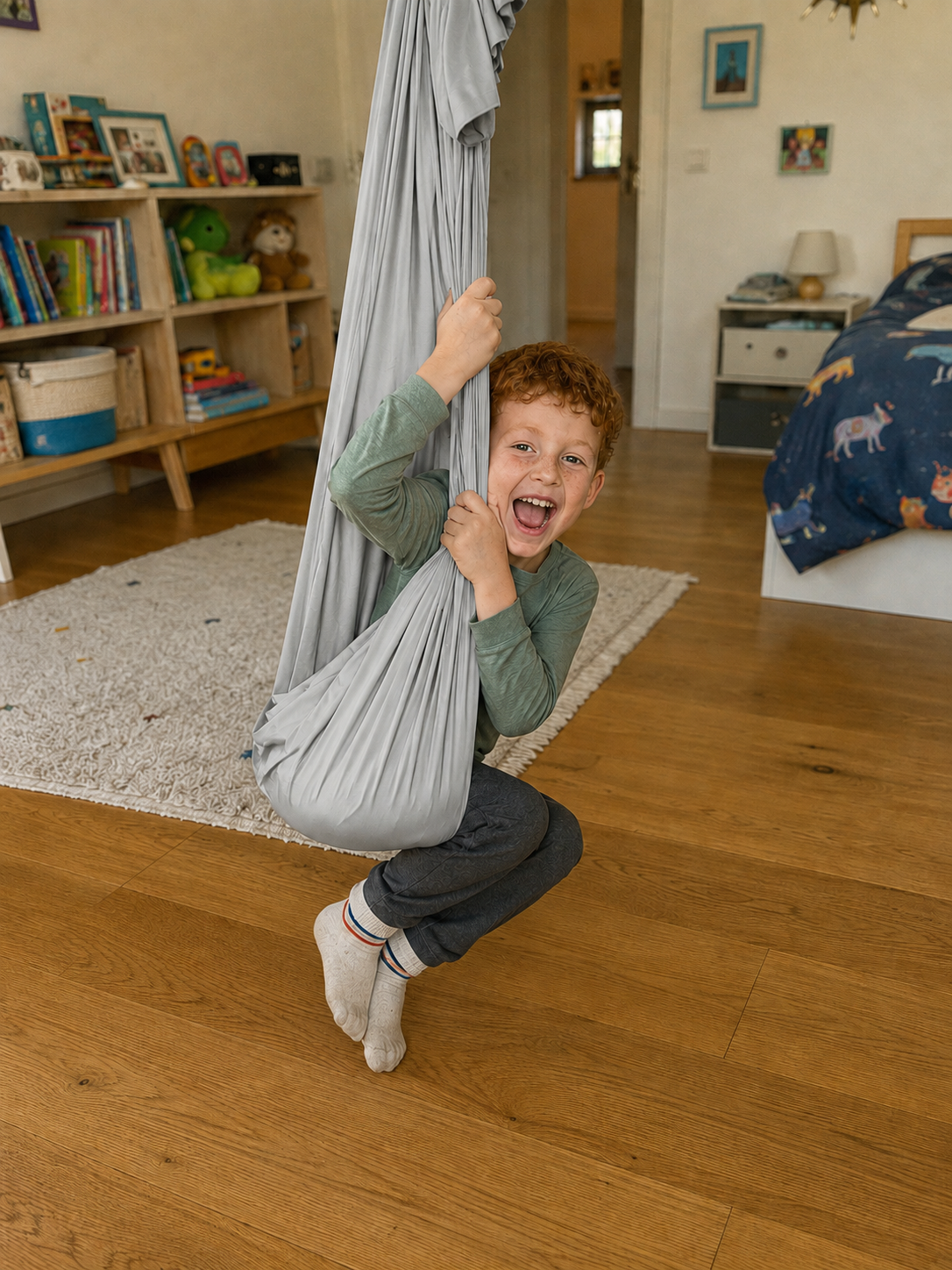 Junge hält sich am hellgrauen Tuch fest und lacht, Kinderzimmer