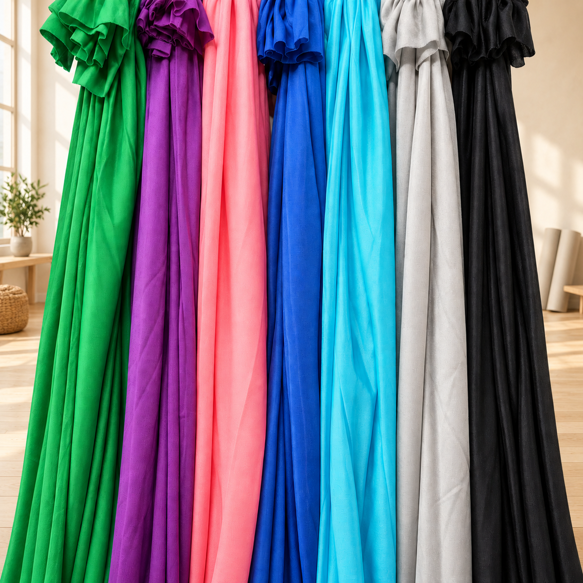 Sieben Sensorikschaukeln hängen nebeneinander in einem hellen Raum, von links nach rechts in Dunkelgrün, Violett, Rosa, Royalblau, Türkis, Hellgrau und Schwarz
