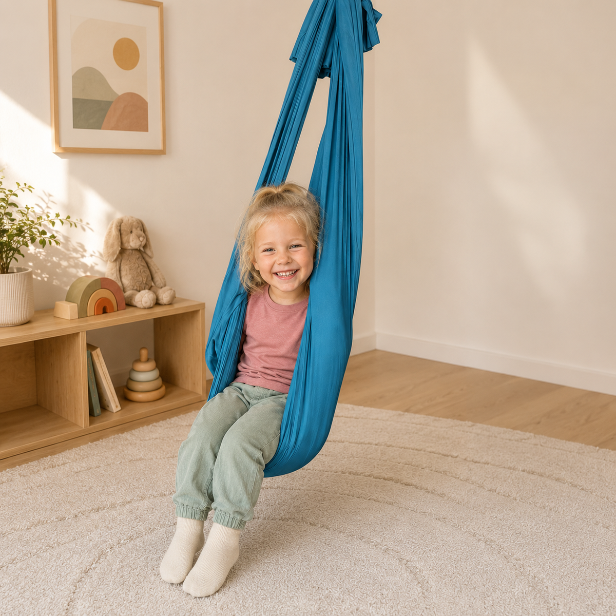 Mädchen sitzt im türkisfarbenen Tuch und lacht, Kinderzimmer mit Kuscheltier