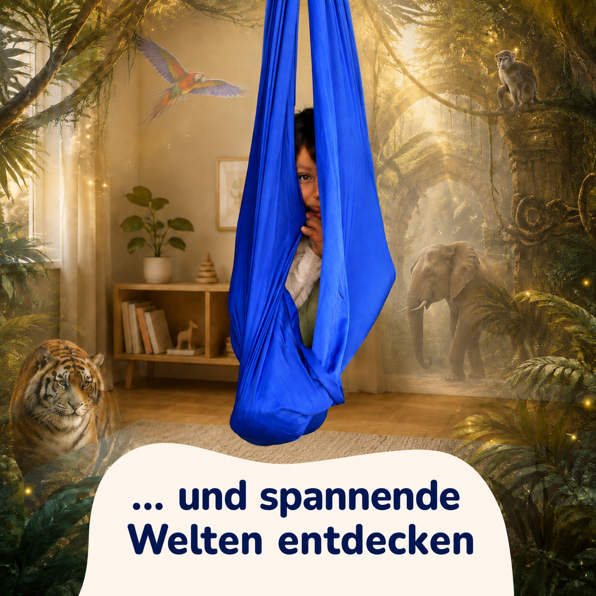Kind schaut aus dem royalblauen Tuch, das Kinderzimmer ist in eine Dschungelszene mit Tiger und Elefant montiert
