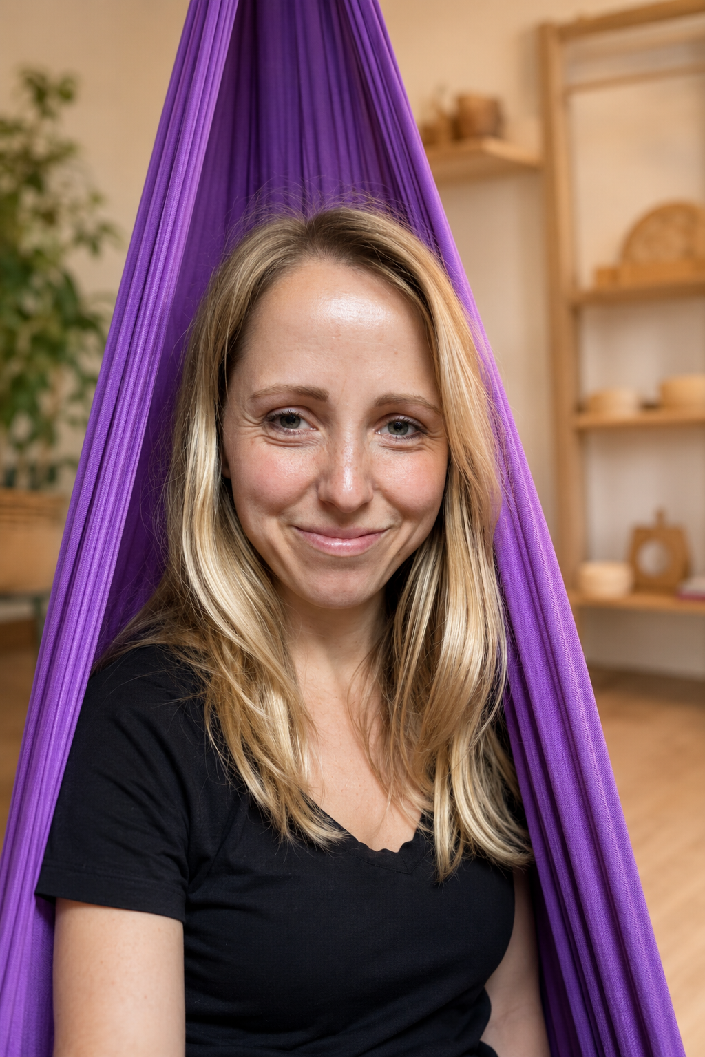 Anja, Gründerin von Kindooly, vor einer violetten Sensorikschaukel