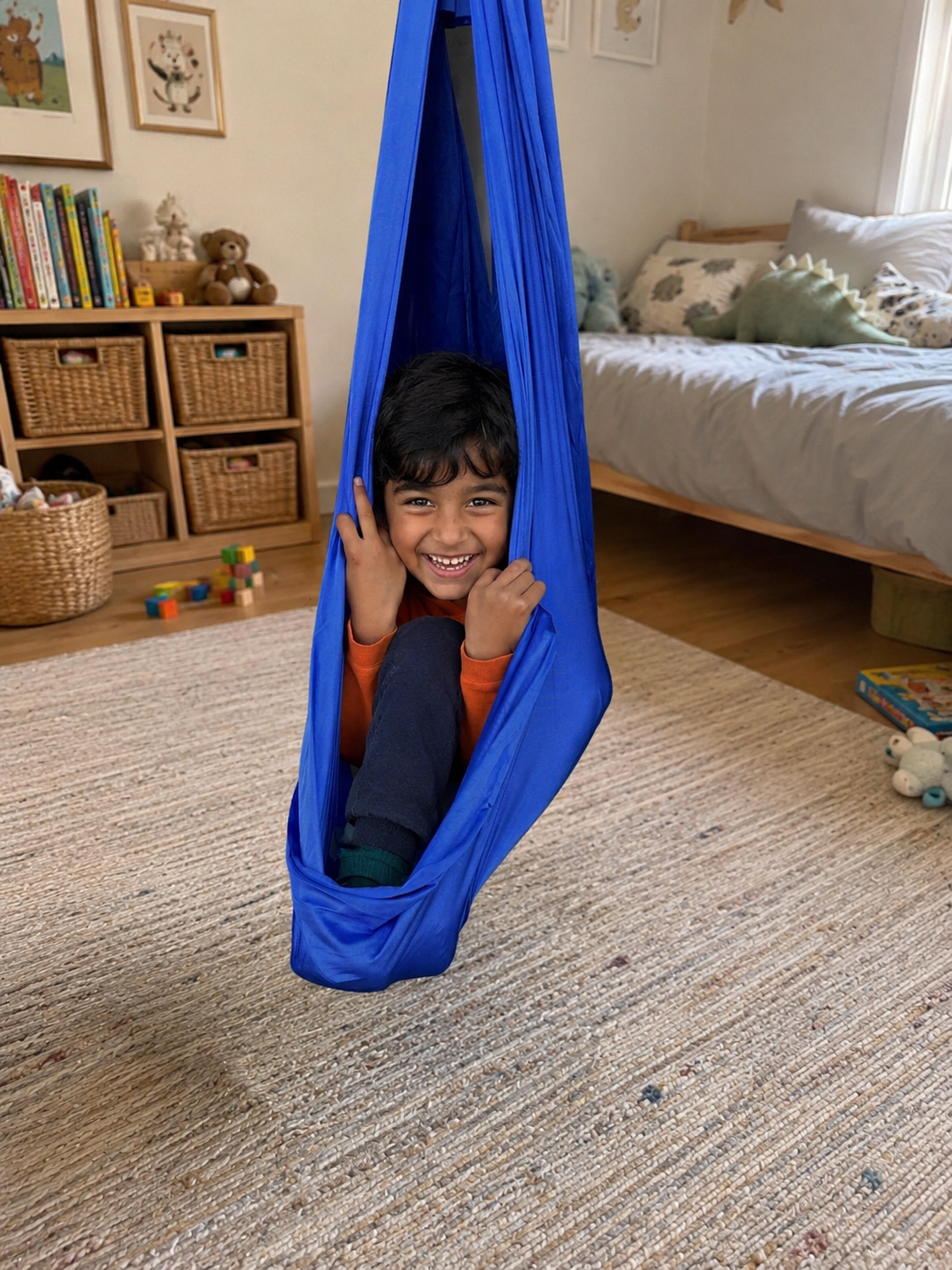 Junge sitzt eingekuschelt im royalblauen Tuch, Kinderzimmer mit Bett und Körben