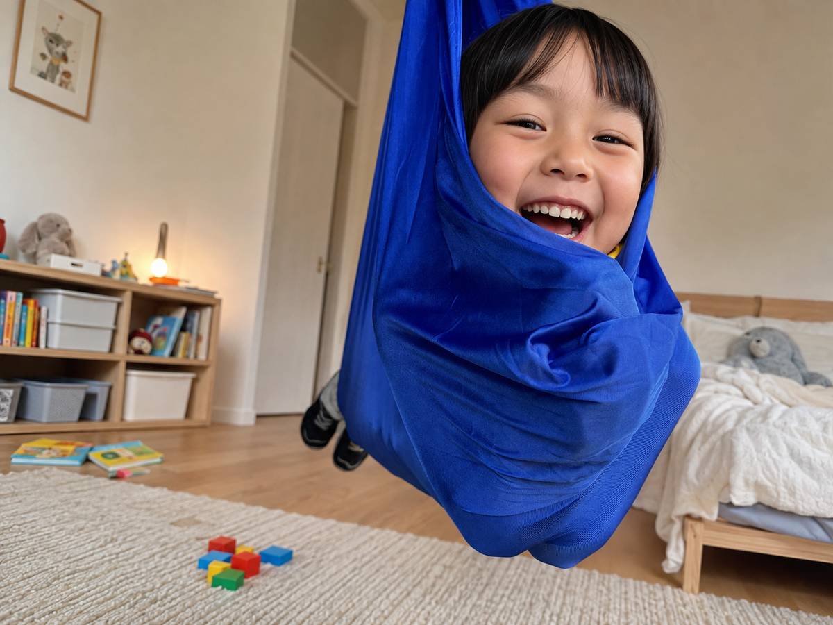 Kind hat sich ins royalblaue Tuch eingerollt, Nahaufnahme im Kinderzimmer