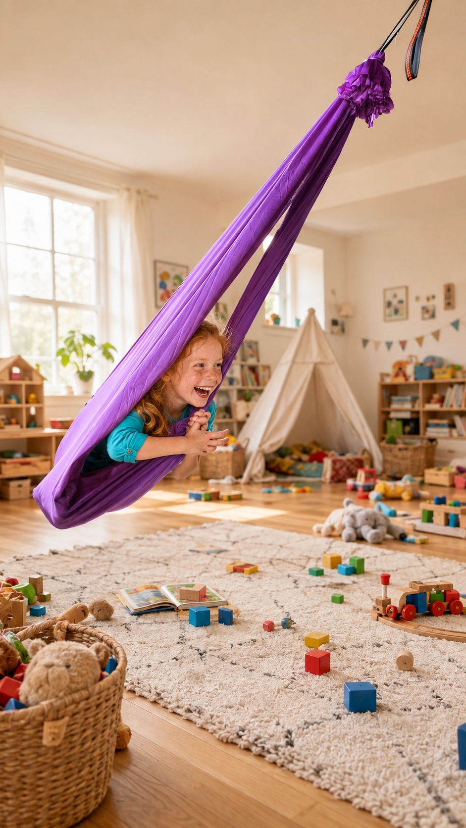 Mädchen liegt bäuchlings im violetten Tuch, Kinderzimmer mit Spielsachen