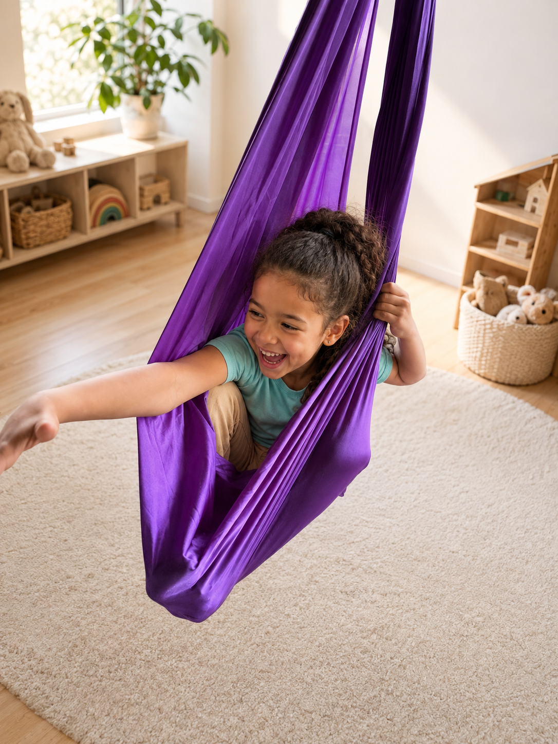 Mädchen schwingt im violetten Tuch, Kinderzimmer mit Tageslicht